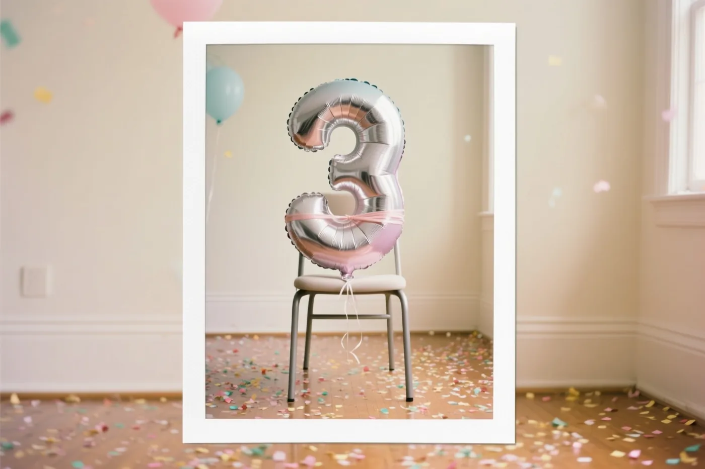 Een grote zilver- en pastelroze cijferballon 3 is vastgemaakt aan een stoel in een lichte kamer met confetti op de houten vloer.
