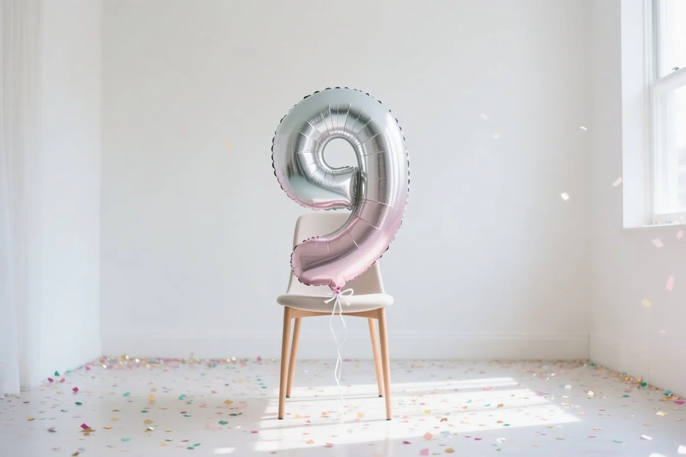 Een grote zilveren en pastelroze ballon in de vorm van een 9 is vastgemaakt aan een lichtgekleurde stoel in een lichte, sobere kamer, met kleurrijke confetti op de vloer en daglicht vanuit een raam rechts.
