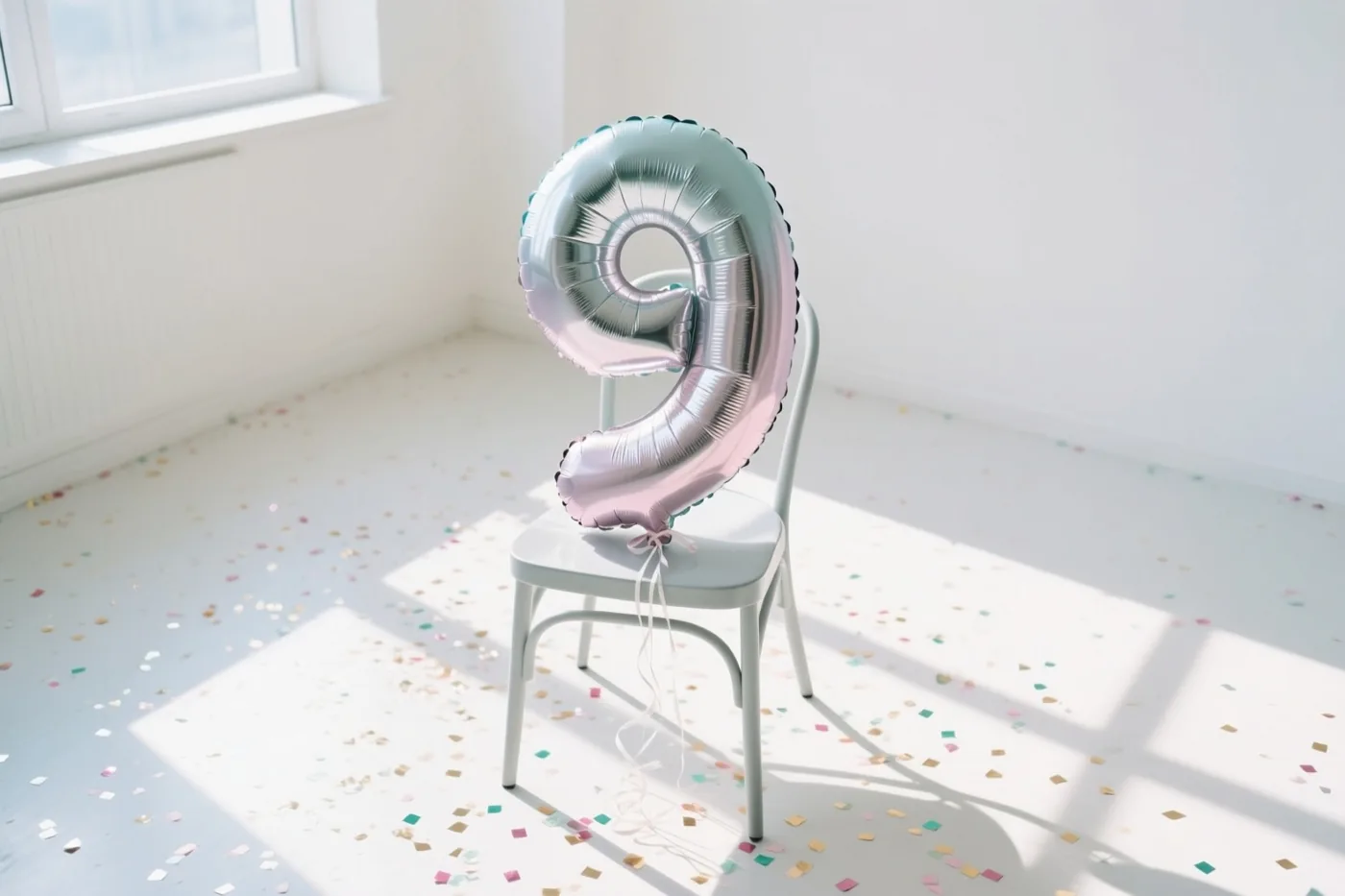 Een zilveren en pastelroze ballon in de vorm van een 9 is vastgemaakt aan een witte stoel in een lichte, sobere kamer, met kleurrijke confetti op de vloer en zonlicht door een raam.