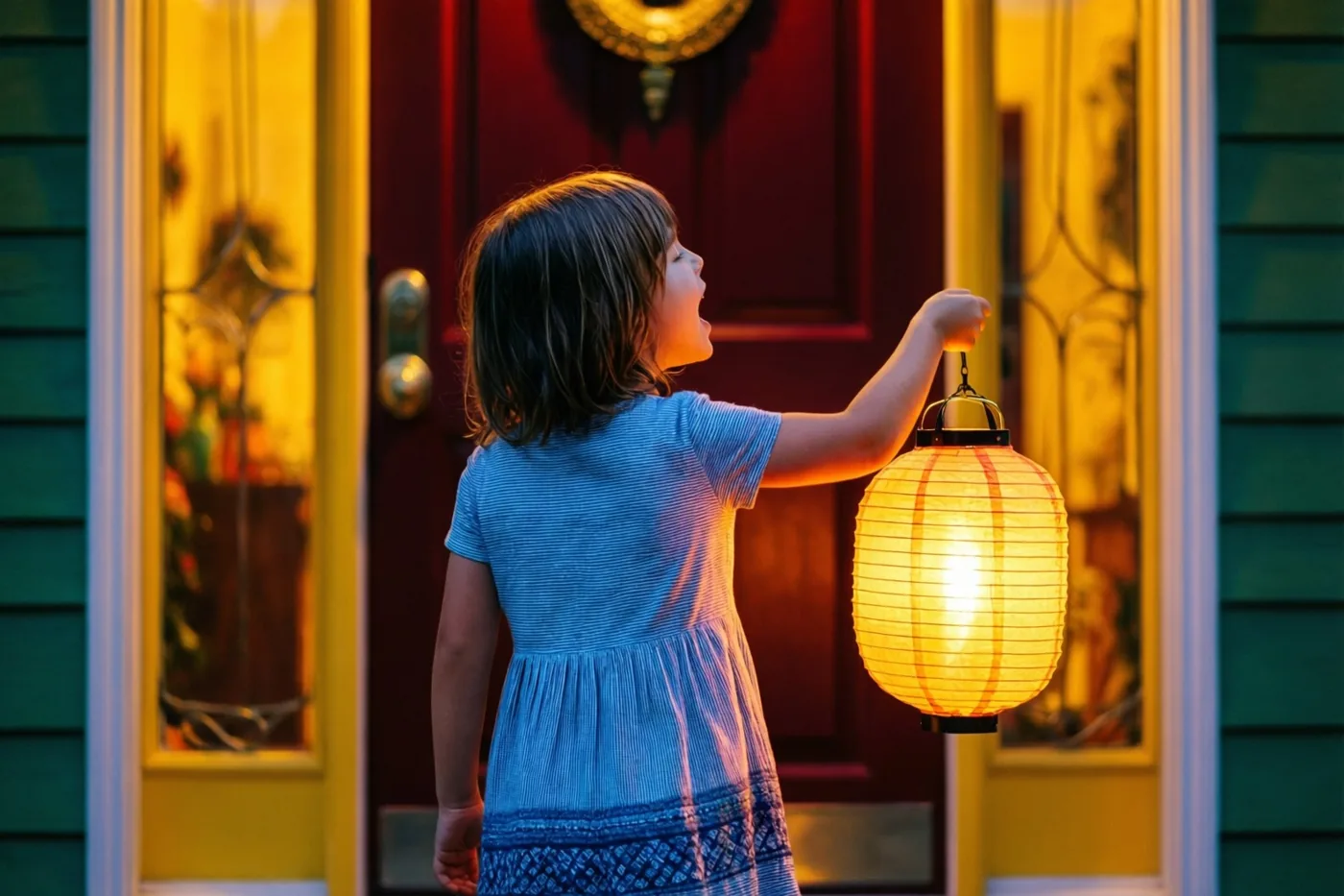Een jong kind in een blauwe jurk staat met open mond te zingen aan een rode voordeur en houdt een lichtgevende papieren lantaarn in de hand, in warm geel en oranje licht.