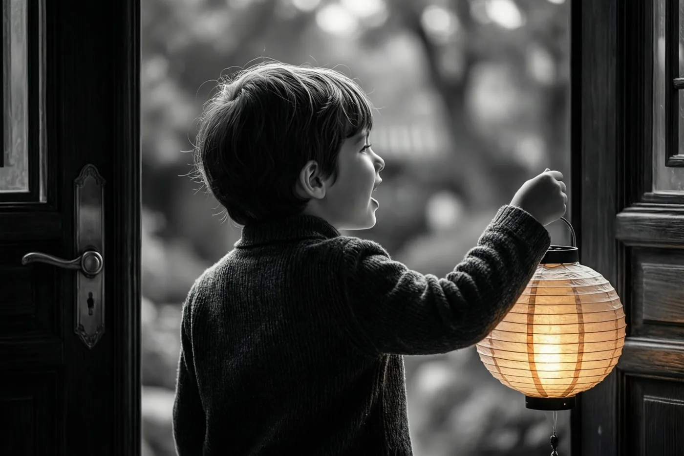 Een jong kind staat met de rug naar de kijker zingend aan een donkere houten deur met een lichtgevende papieren lantaarn in de hand, in zwart-wit met een warm gouden kleuraccent op de lantaarn.