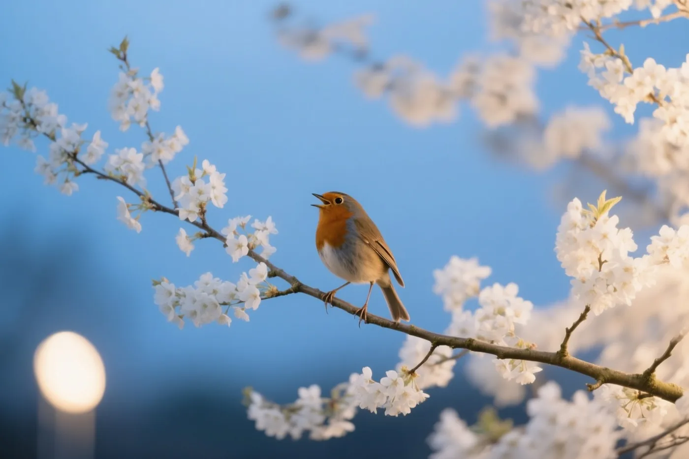Een roodborstje zingt op een tak met witte kersenbloesems onder een helderblauwe lucht in zacht, warm licht.