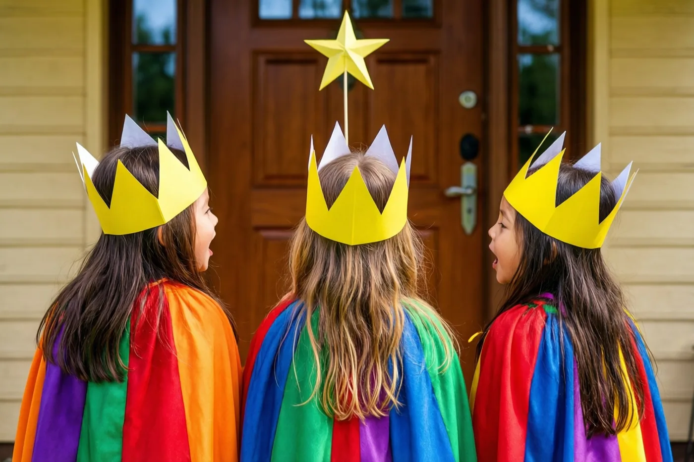 Drie kinderen met papieren kronen en regenboogkleurige capes zingen van achteren gezien voor een houten deur met een gele ster op een stok.