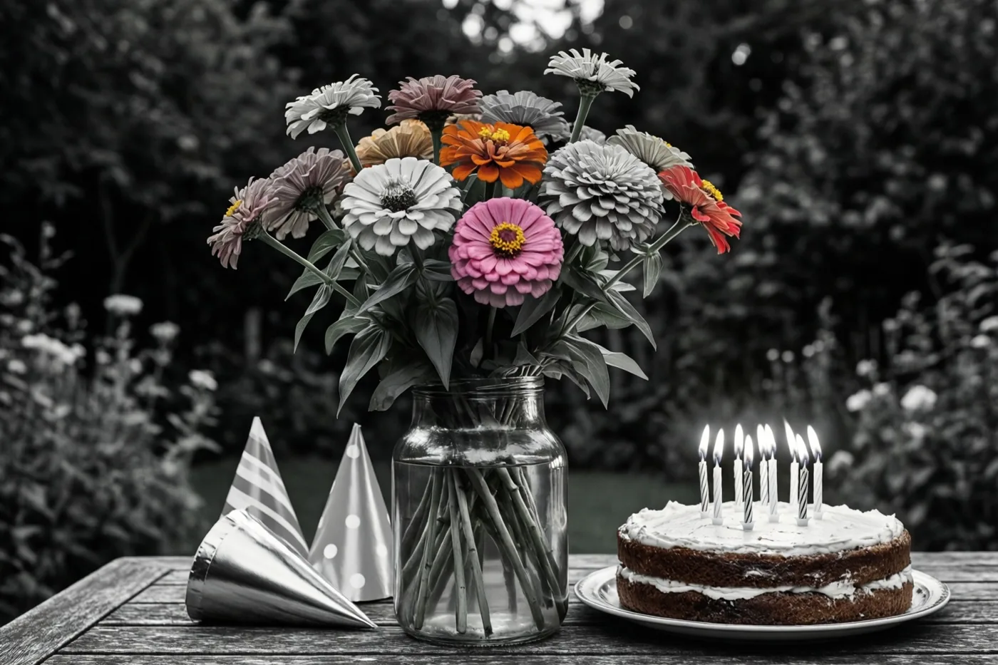 Een glazen pot met kleurrijke zinnia's, een taart met twee lagen en brandende kaarsjes en drie papieren feesthoedjes staan op een houten tafel tegen een onscherpe zwart-witte tuinachtergrond.