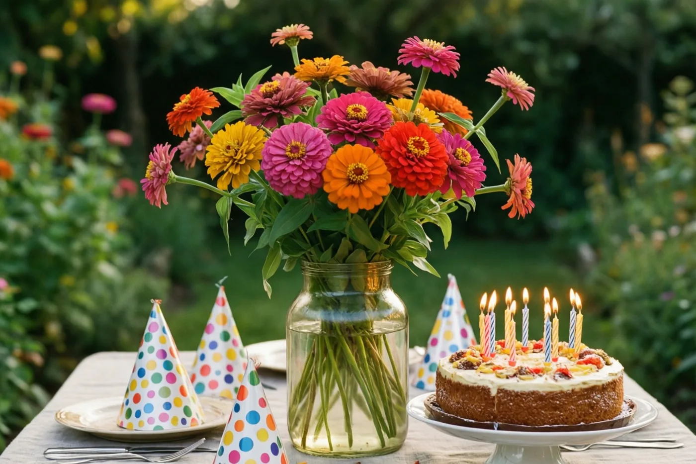 Een glazen pot met kleurrijke zinnia's staat op een tuintafel naast een taart met brandende kaarsjes, feesthoedjes en borden met bestek.