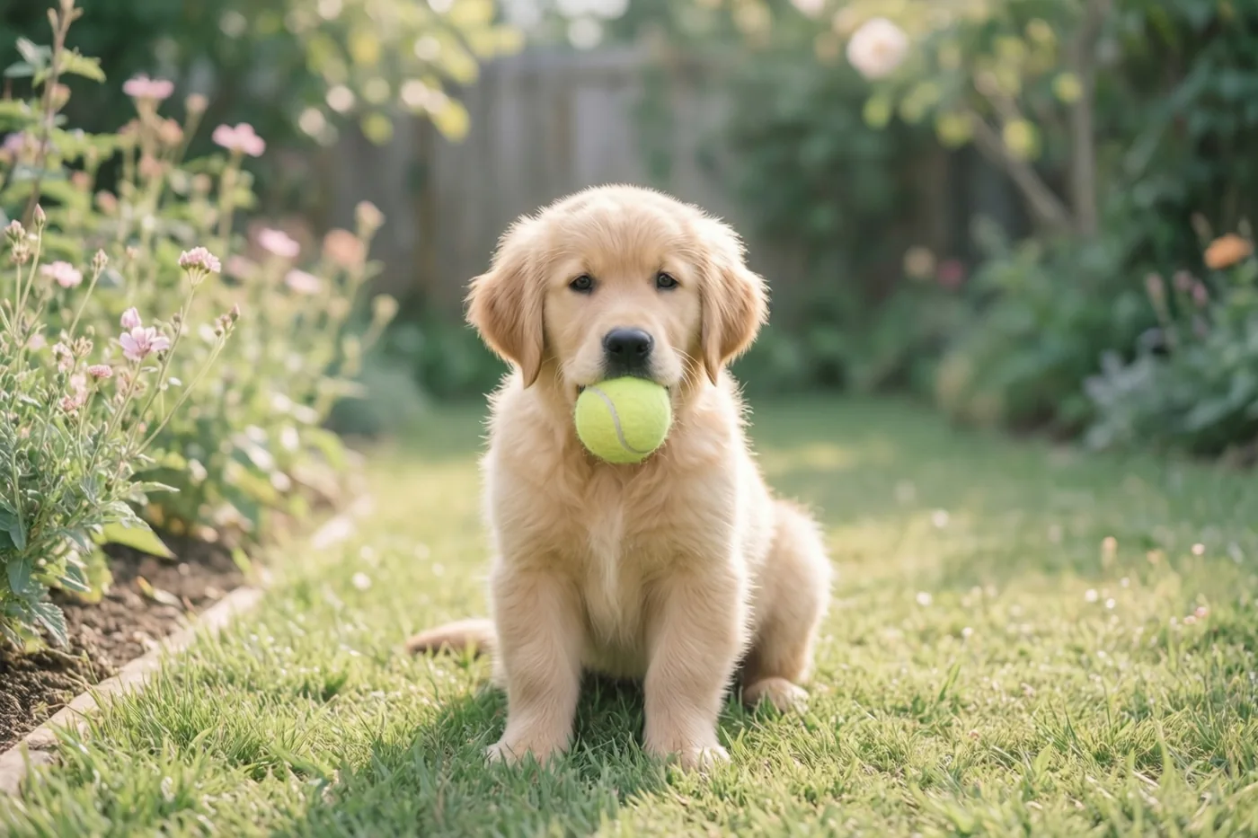 Een goldenretrieverpup zit met een tennisbal in zijn bek op groen gras in een zonnige tuin, omringd door wazige bloemen en bladeren.