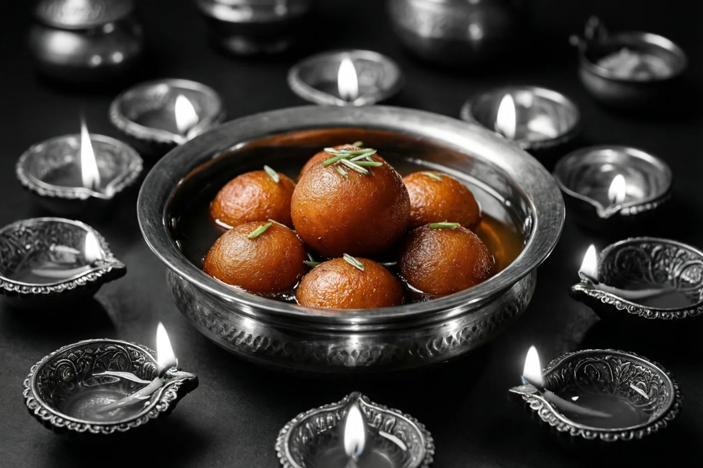 Een messing thali met goudbruine gulab jamun in siroop en groene kruiden staat tussen brandende olielampjes op een donkere ondergrond.