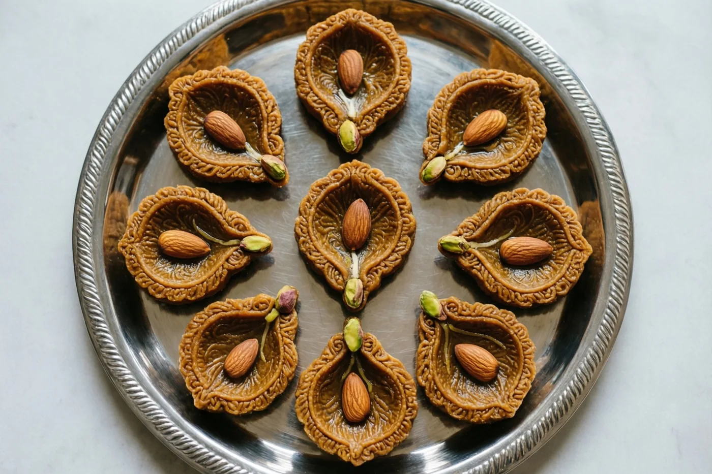 Op een zilveren dienblad liggen acht gedetailleerde zoetigheden in de vorm van olielampjes, elk met een amandel en een pistachenoot.
