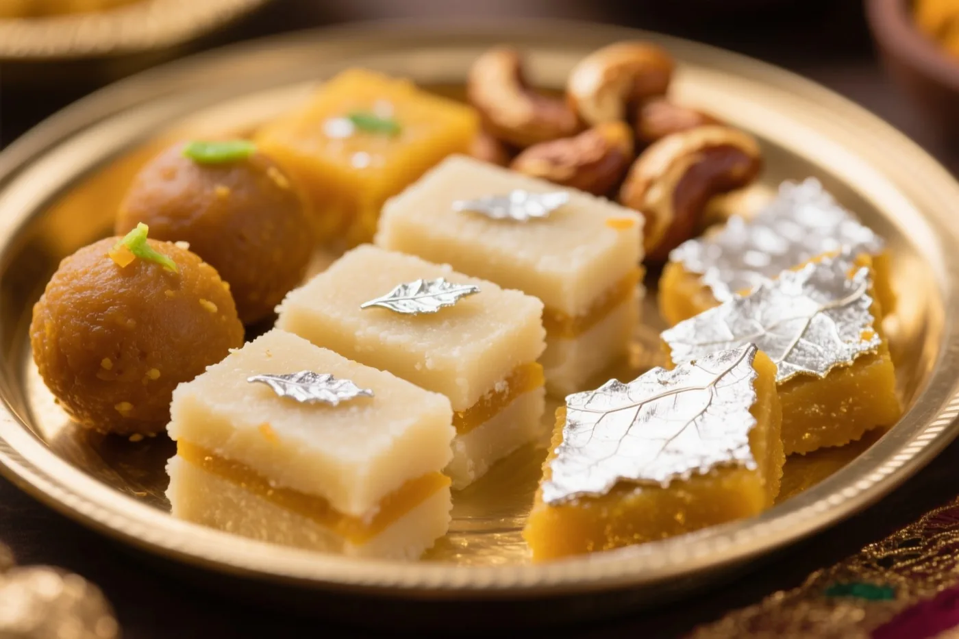 Een goudkleurig dienblad bevat ronde ladoos, vierkante barfi en kaju katli van cashewnoten met fijn bladzilver, in warm licht tegen een wazige achtergrond.