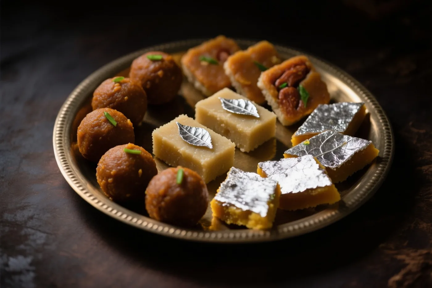 Op een goudkleurig dienblad liggen ladoos, barfi en kaju katli, deels versierd met bladzilver, tegen een donkere houten achtergrond in warm licht.