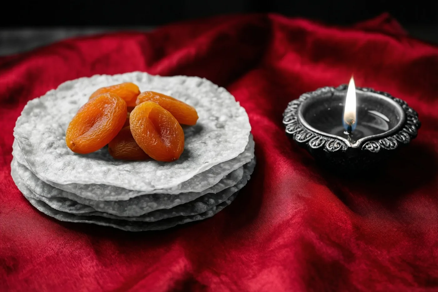 Een stapel soan papdi met gedroogde abrikozen ligt op een rode zijden doek naast een brandend olielampje, in warm rood en oranje licht.