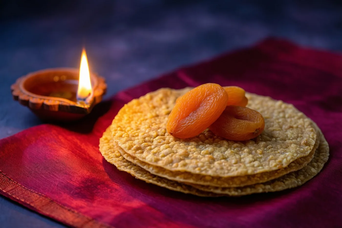 Een stapel soan papdi met gedroogde abrikozen ligt op een rode zijden doek naast een brandend olielampje tegen een donkerblauwe achtergrond.