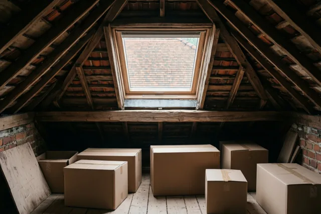 Een zolder met houten balken en bakstenen muren bevat kartonnen verhuisdozen onder een dakkapel, waar daglicht binnenvalt en een pannendak buiten te zien is.