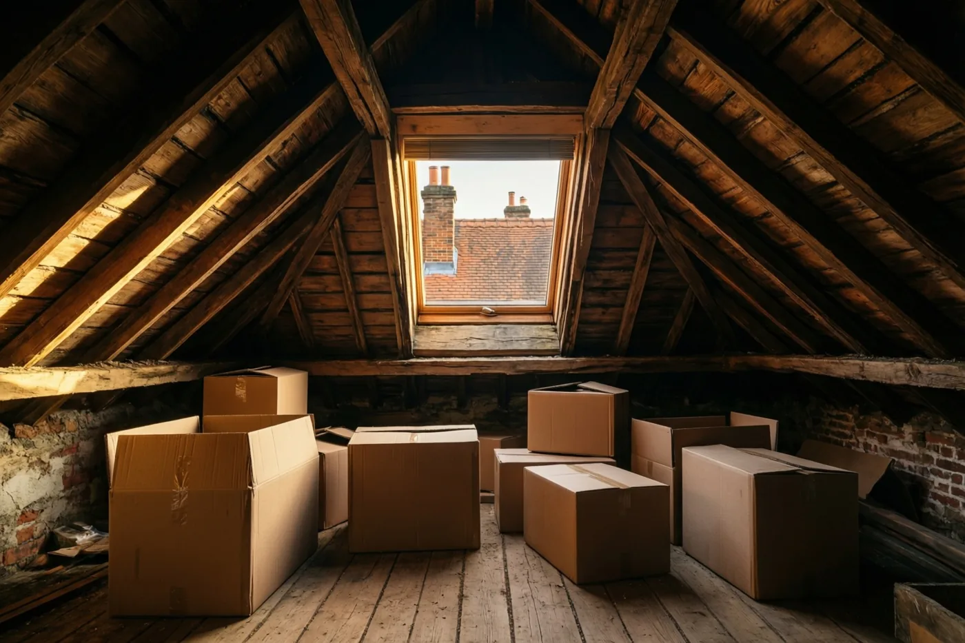 Op een zolder met zichtbare houten balken staan veel kartonnen verhuisdozen onder een dakkapel, terwijl warm zonlicht schaduwen op de houten vloer werpt en bakstenen muren en een daklijn buiten zichtbaar zijn.