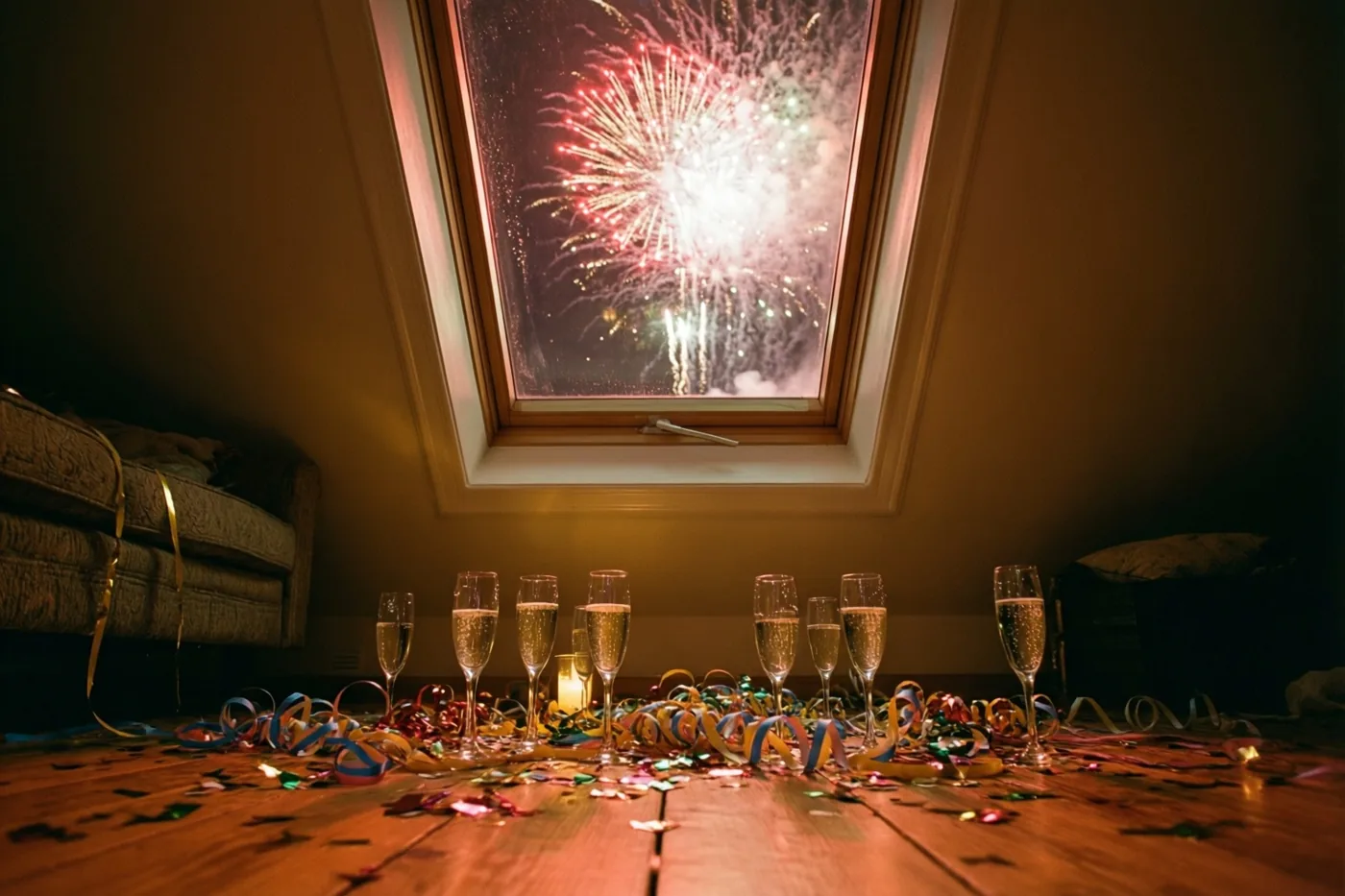 In een warm verlichte zolderkamer liggen kleurrijke slingers en staan champagneglazen op de houten vloer, met vuurwerk zichtbaar door het dakraam.