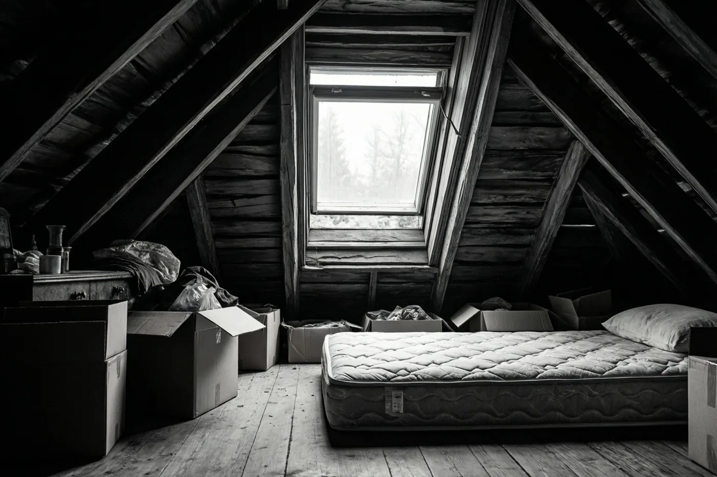 Een zwart-witfoto toont een zolderkamer met schuin dak, raam, houten structuren, een matras op de vloer en uitgepakte kartonnen dozen.