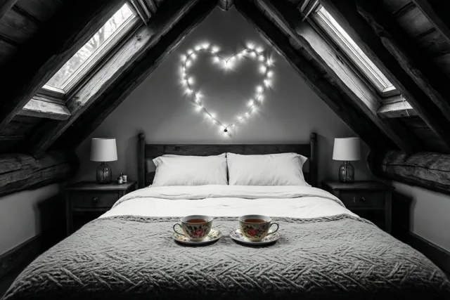 Een zwart-witbeeld toont een zolderslaapkamer met twee kopjes thee op het bed en een lichtsnoer in hartvorm aan de muur erboven.