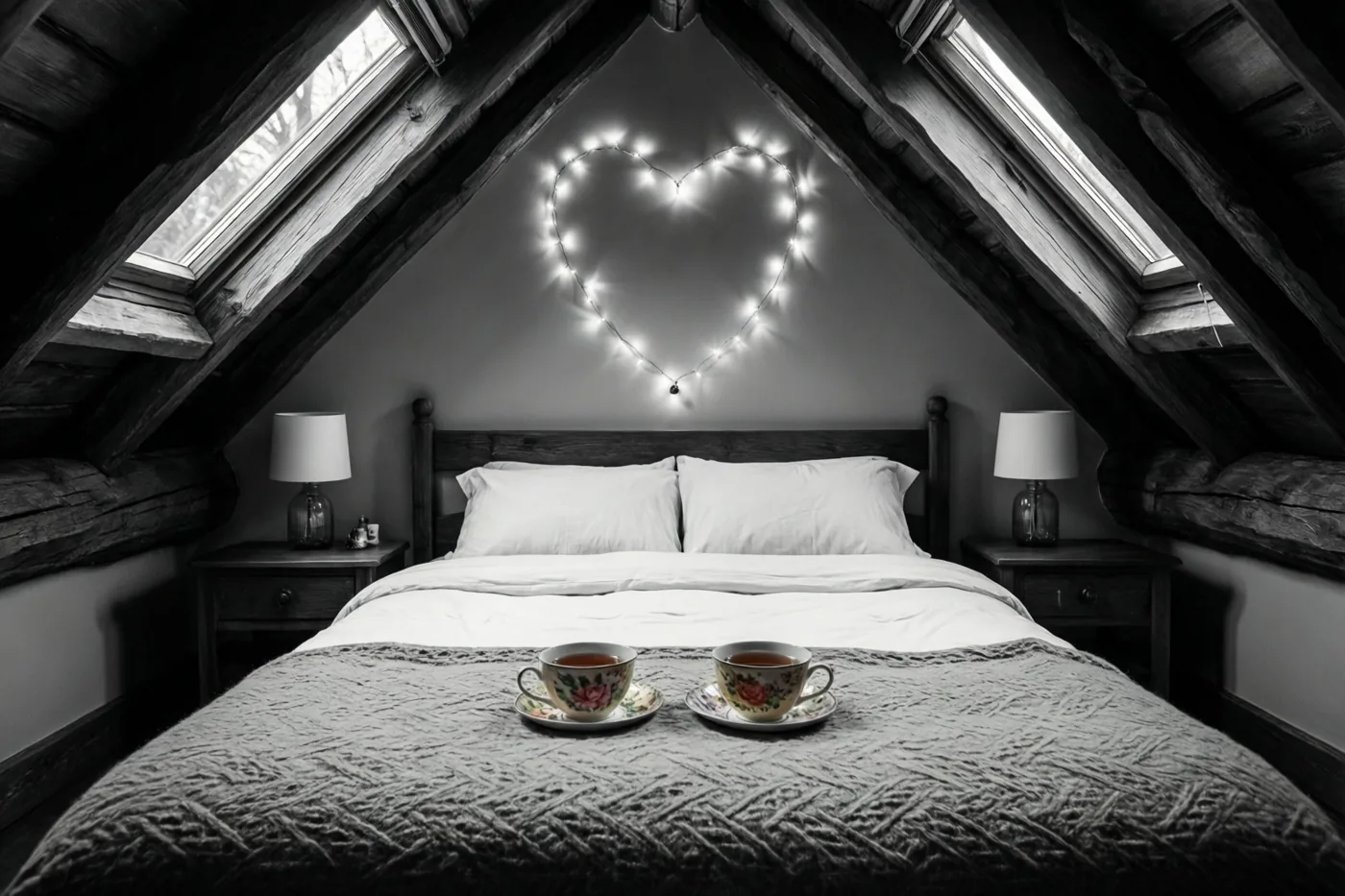 Een zwart-witbeeld toont een zolderslaapkamer met twee kopjes thee op het bed en een lichtsnoer in hartvorm aan de muur erboven.
