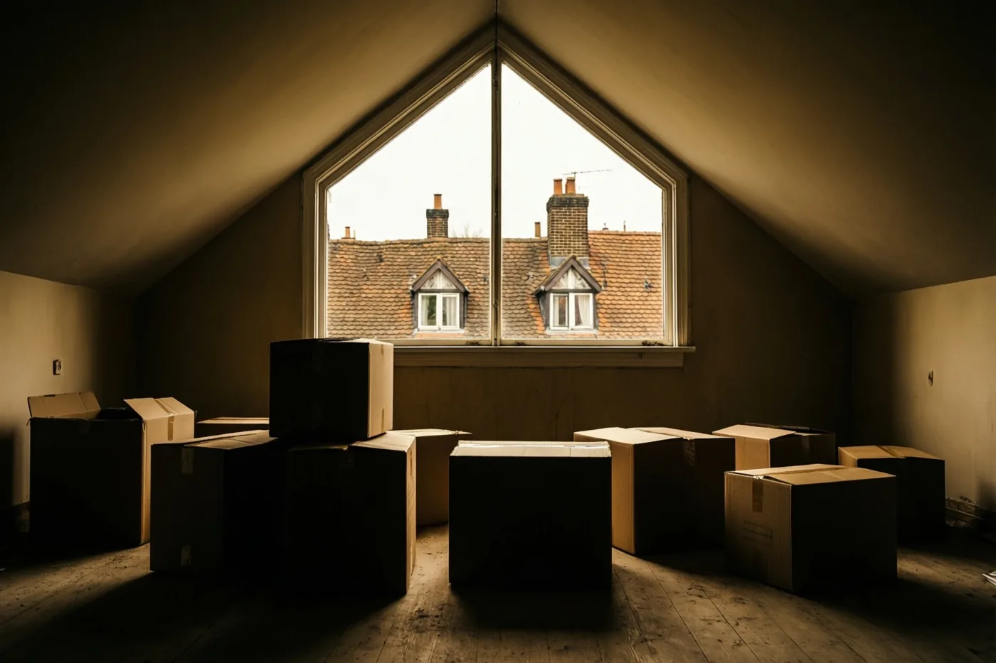 Een lege zolderkamer met verhuisdozen op een houten vloer en een groot driehoekig raam met zicht op trapgevels baadt in warm, goudkleurig licht.