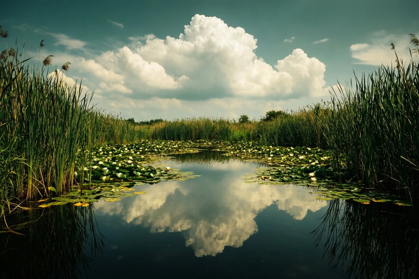 Een kalme vijver tussen hoog groen riet en waterlelies weerspiegelt grote witte zomerwolken onder een deels bewolkte hemel.