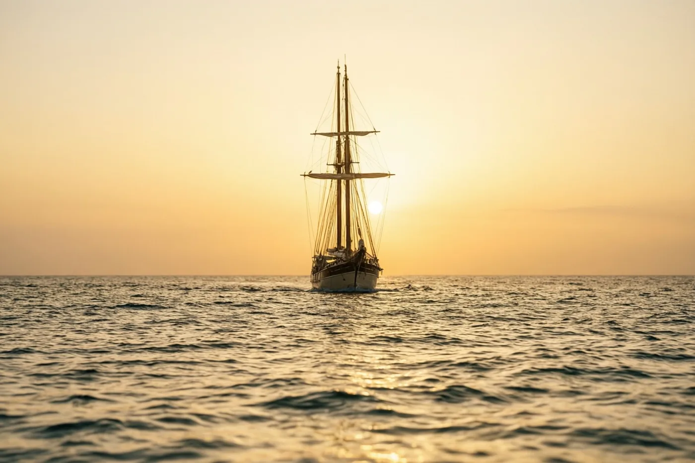 Een zeilschip vormt een silhouet op zee bij zonsondergang, met de zon achter de masten in goud en oranje tinten.
