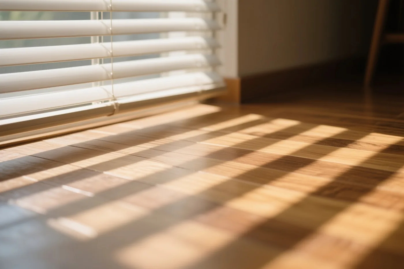 Zonlicht valt door witte horizontale jaloezieën en vormt strepen van licht en schaduw op een glanzende houten vloer.