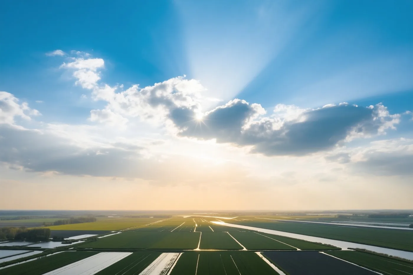 Vanuit de lucht zijn groene velden en waterlopen in een vlak polderlandschap te zien, met zonlicht dat door de wolken breekt.