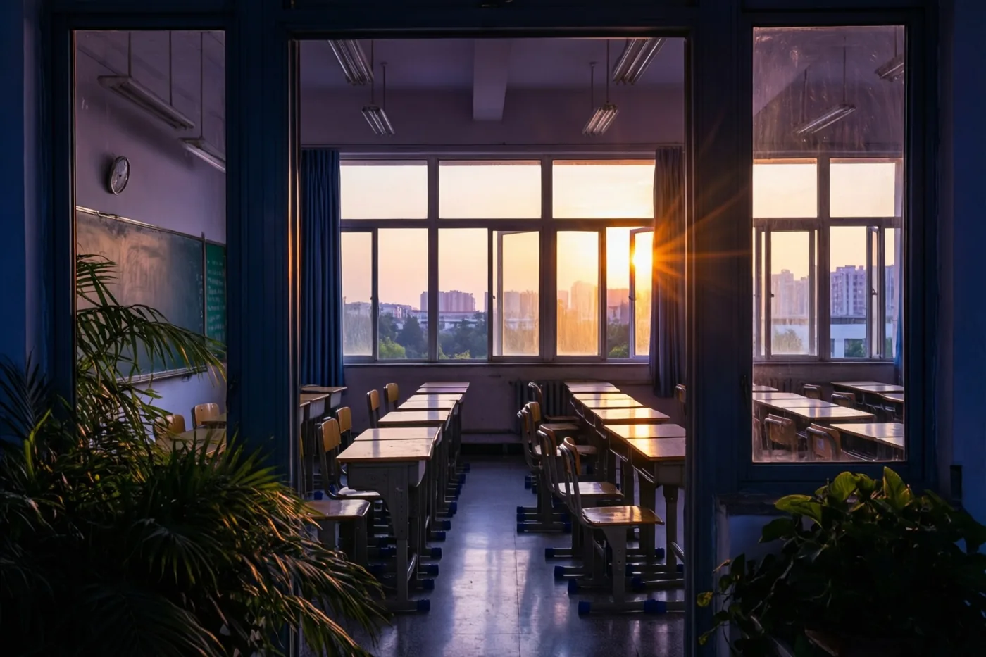 Door een open deur is een leeg klaslokaal te zien waar zonlicht door hoge ramen over rijen banken valt, met goudkleurig licht en koele blauwe schaduwen.