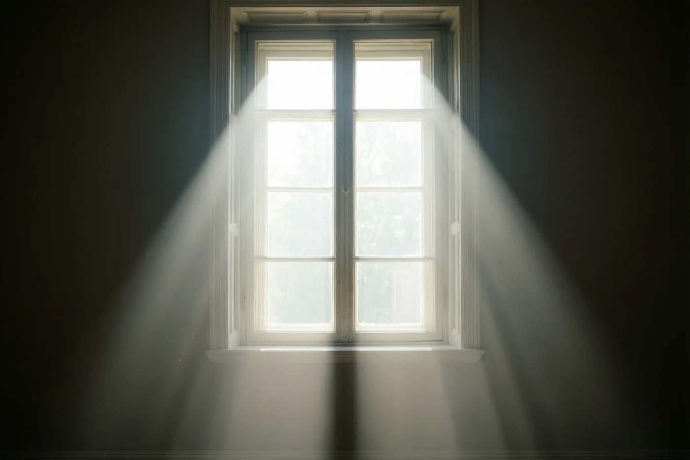 Felle zonnestralen vallen neer vanuit een hoog raam met witte kozijnen in een donkere muur.