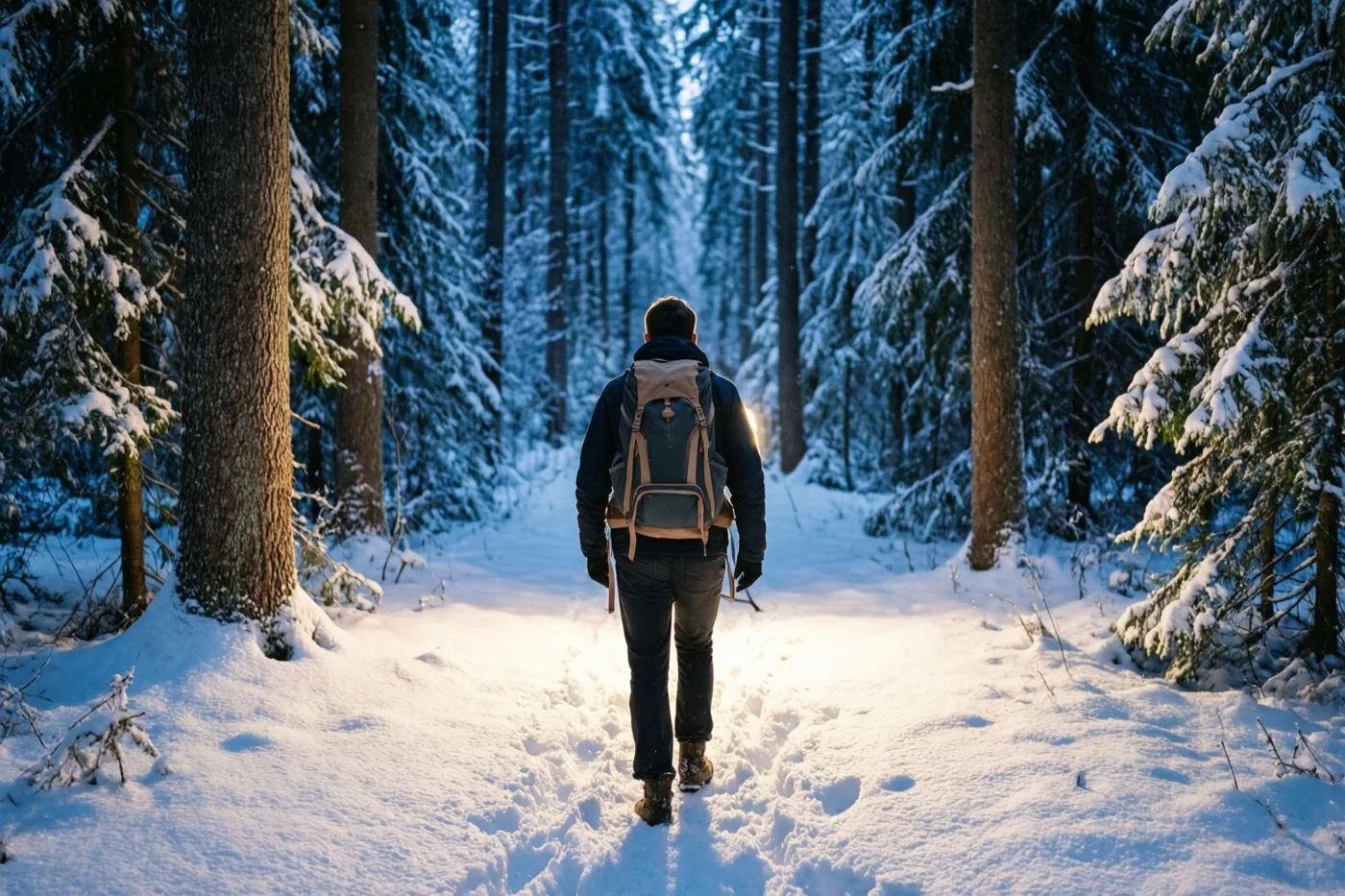 Een persoon met een rugzak loopt door een besneeuwd bos naar fel licht aan het einde van het pad, met warm zonlicht op de sneeuw tussen koele blauwe en witte tinten.