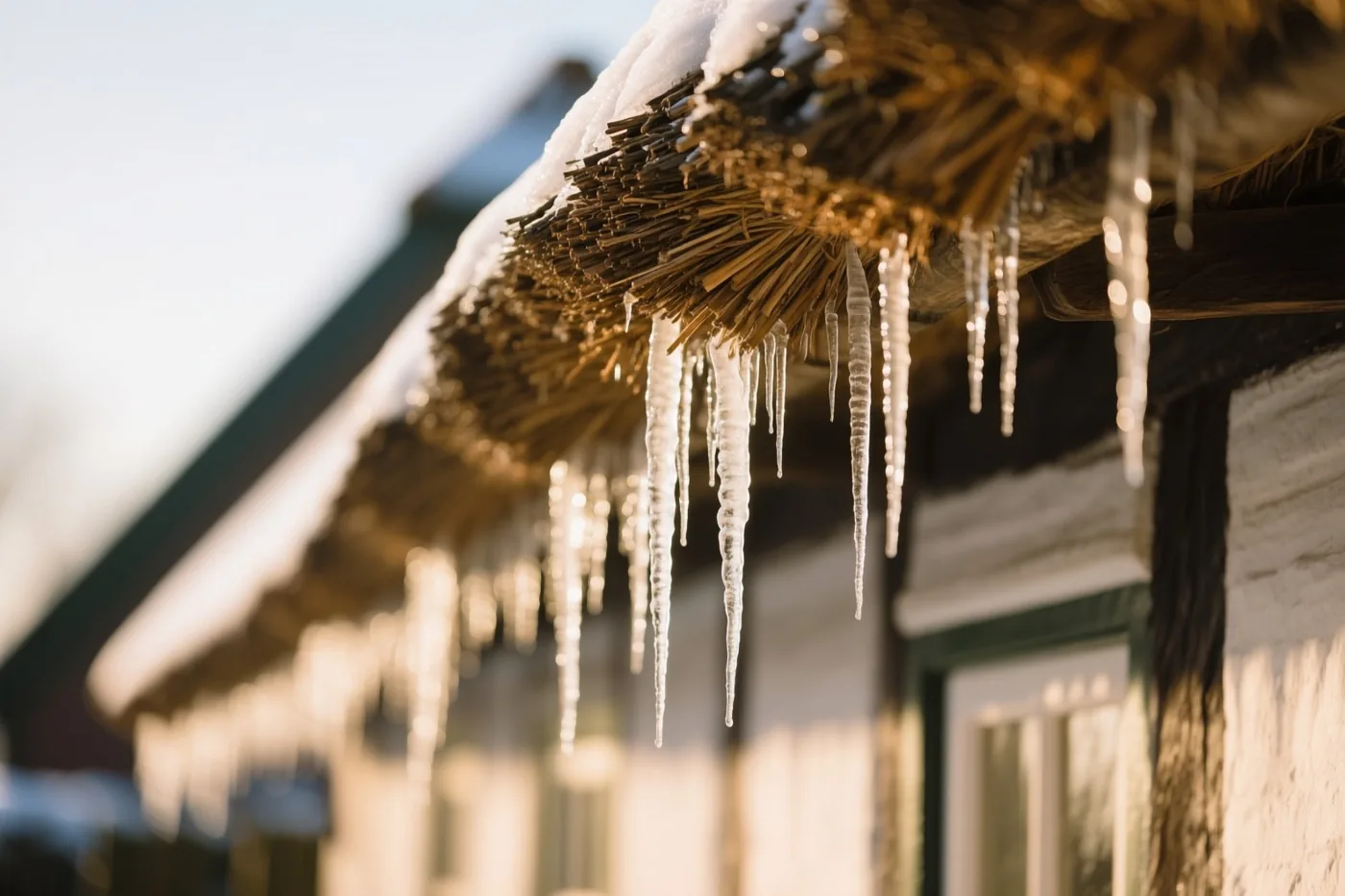 IJspegels hangen aan de rand van een rieten dak en vangen het zonlicht tegen een besneeuwde achtergrond in warme gouden tinten.