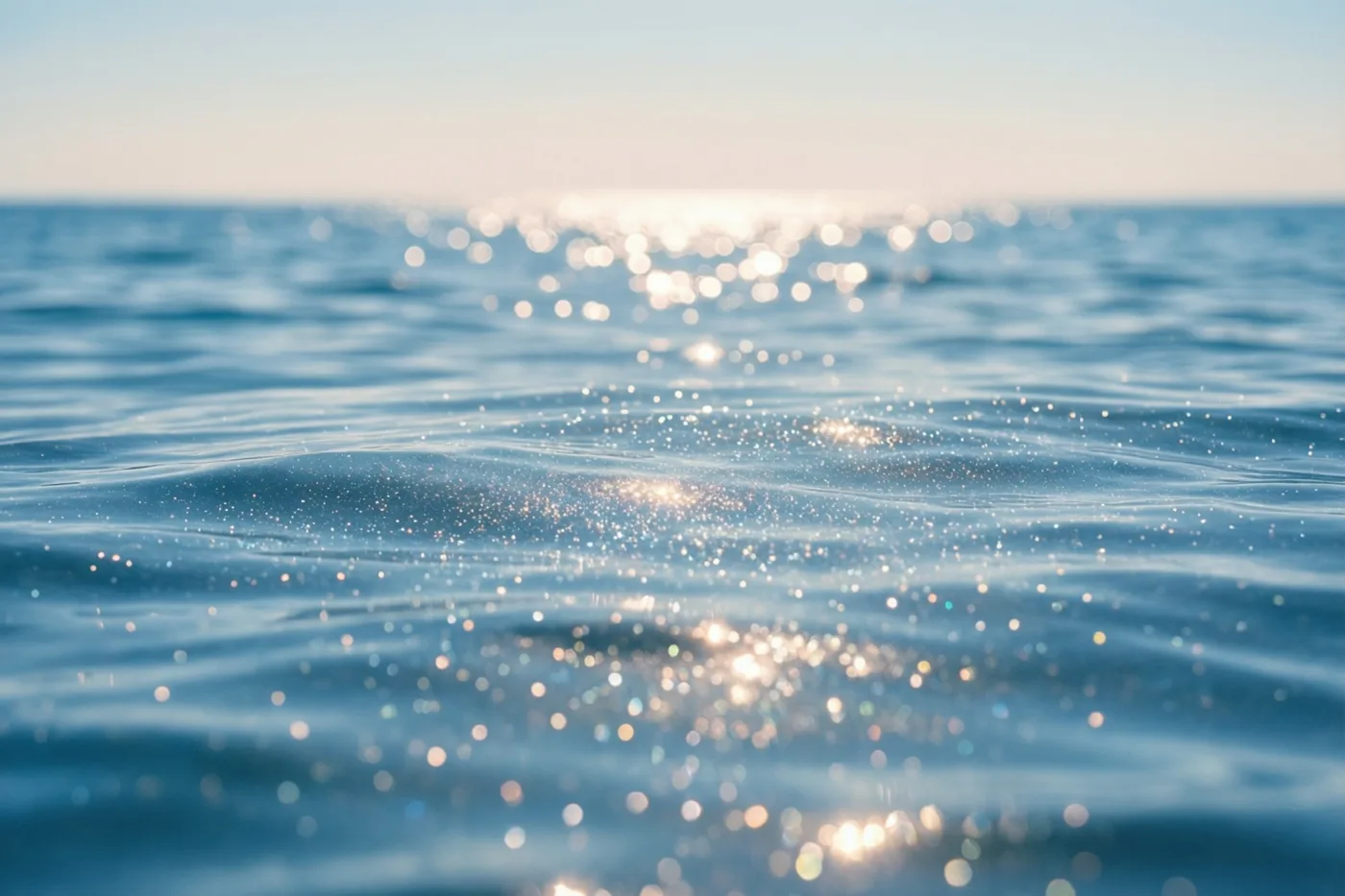 Zonlicht fonkelt op het kalme blauwe zeewater onder een heldere hemel.