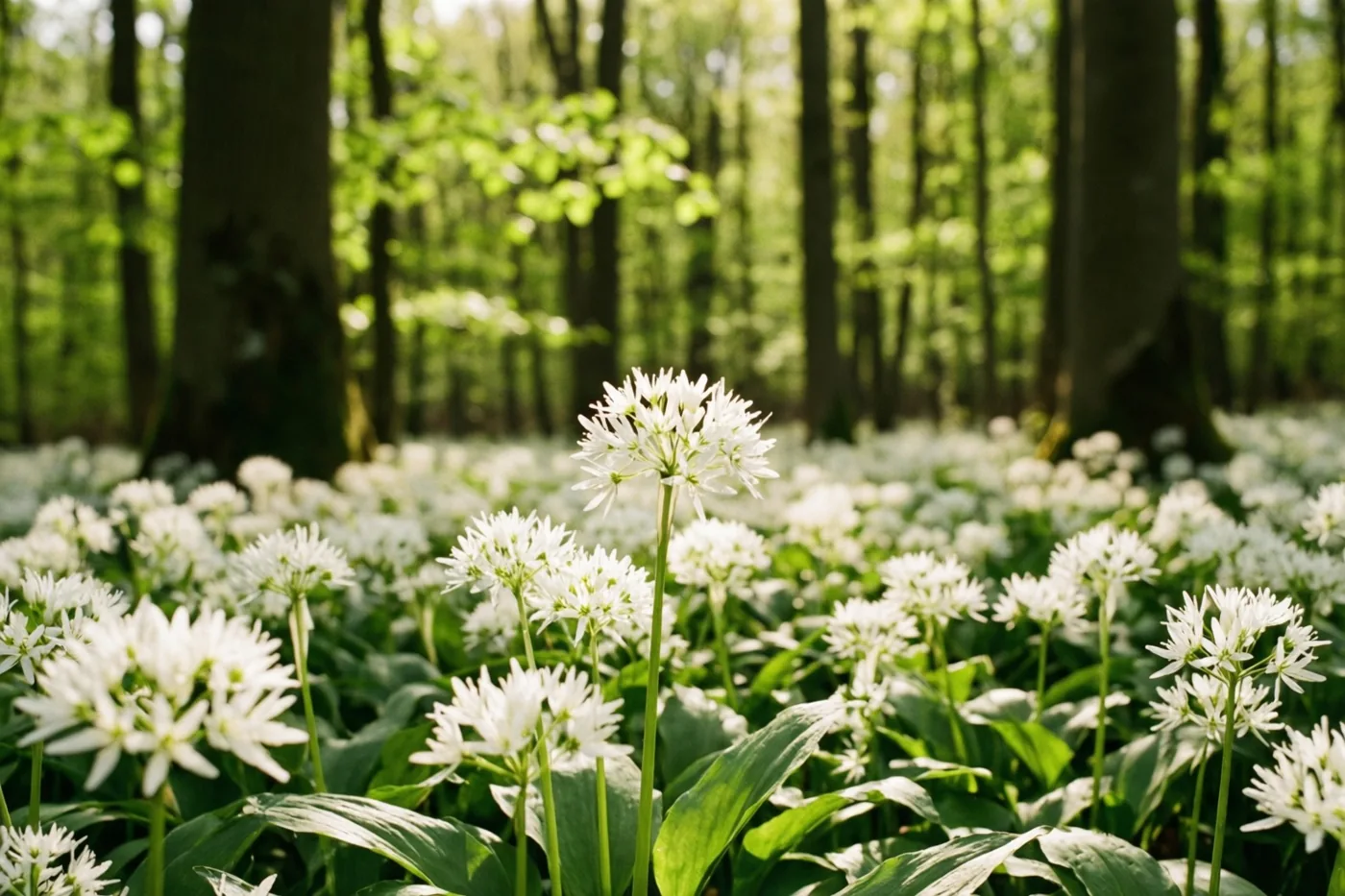 Warm zonlicht valt op een tapijt van witte daslookbloemen onder beuken met frisgroene bladeren op een open plek in het bos.