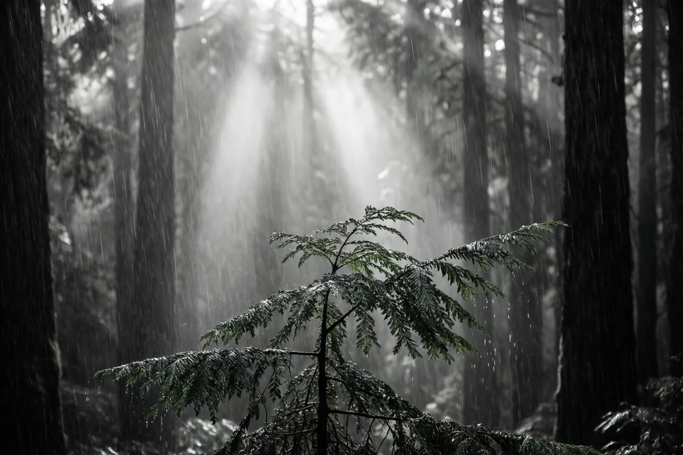 Een zwart-witfoto toont een jonge naaldboom vooraan in een dicht bos, met zonnestralen die door mist en regen tussen de donkere boomstammen vallen.