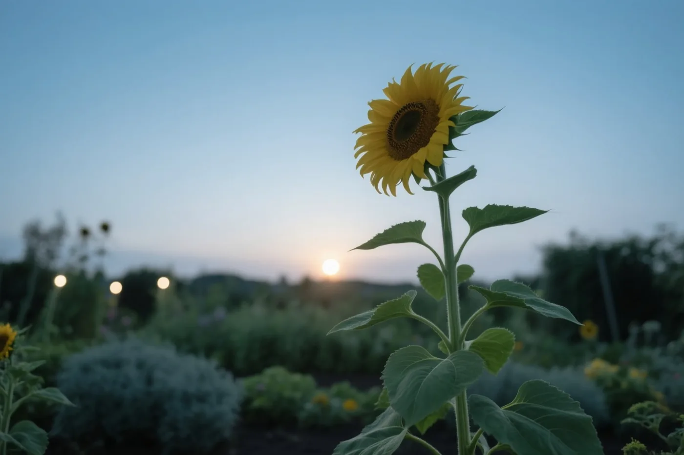 Een hoge zonnebloem staat in een tuin naar de opkomende zon aan de horizon gericht, in zachte blauwe en gele tinten.