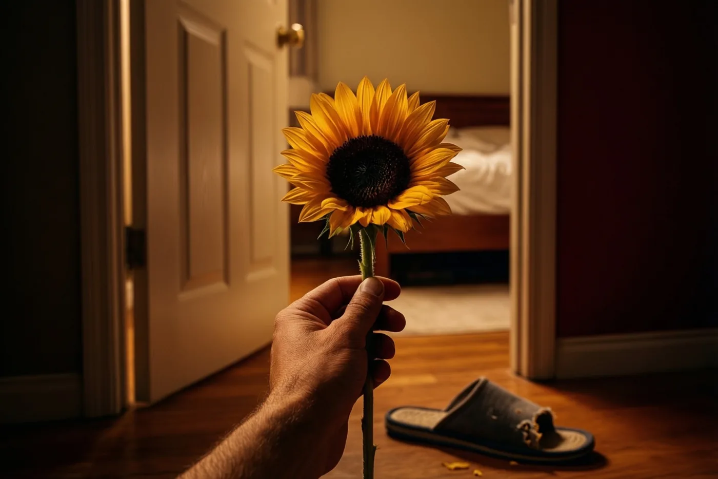 Een hand houdt één zonnebloem voor een slaapkamerdeur die op een kier staat, met een kapotgekauwde pantoffel op de houten vloer in warm licht met gele, bruine en donkerrode tinten.