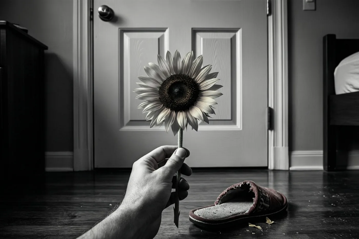 Op een zwart-witfoto houdt een hand een enkele zonnebloem voor een dichte slaapkamerdeur, naast een kapotgekauwde pantoffel op een houten vloer.