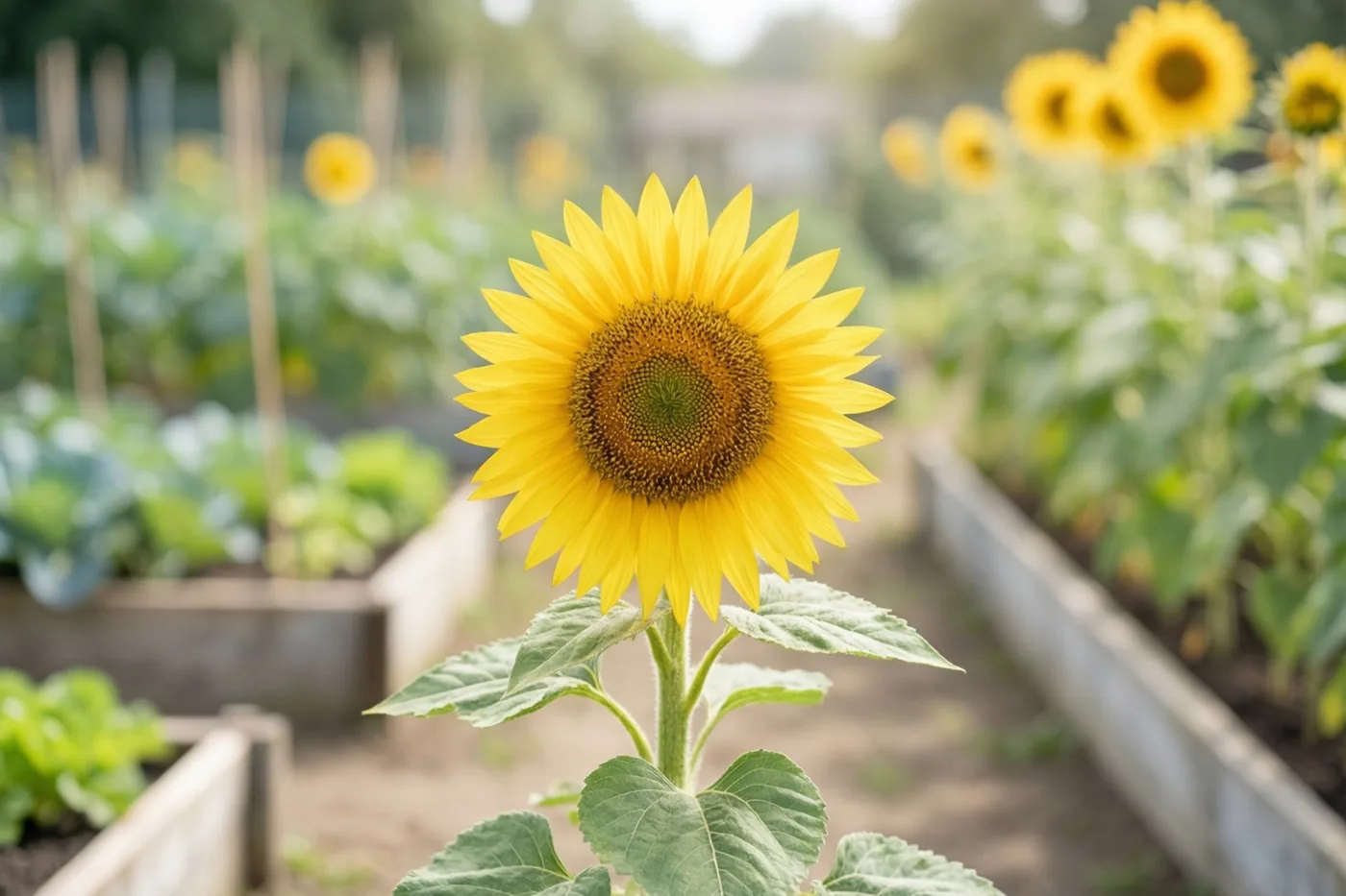 Een zonnebloem staat scherp in beeld in een schooltuin met verhoogde moestuinbedden, met andere zonnebloemen en groene planten op de achtergrond.