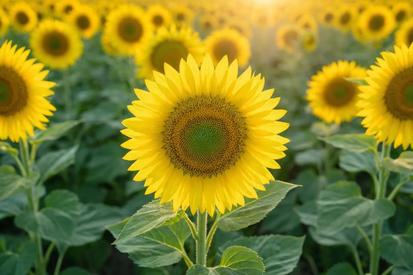 Een gele zonnebloem staat scherp in beeld tussen onscherpe zonnebloemen en groen blad in warm gouden licht.