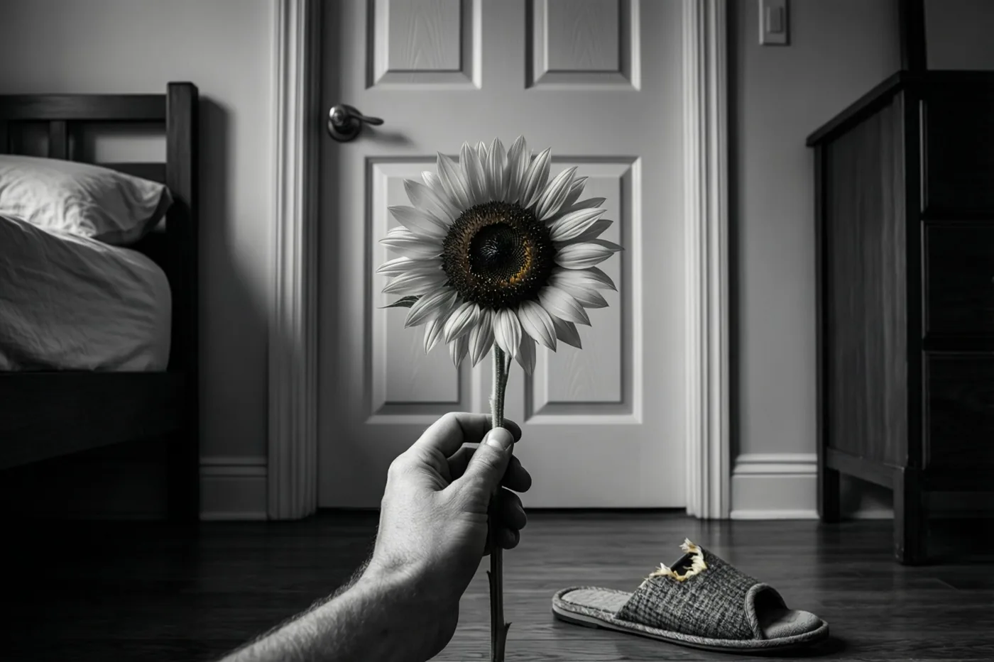 Een hand met één zonnebloem is in zwart-wit te zien voor een gesloten slaapkamerdeur, met vlakbij een kapotgekauwde pantoffel op de houten vloer.
