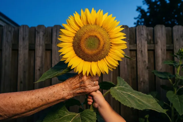 De hand van een oudere persoon en een peuterhand houden elkaar en een grote zonnebloem vast voor een houten omheining, onder een diepblauwe avondhemel.