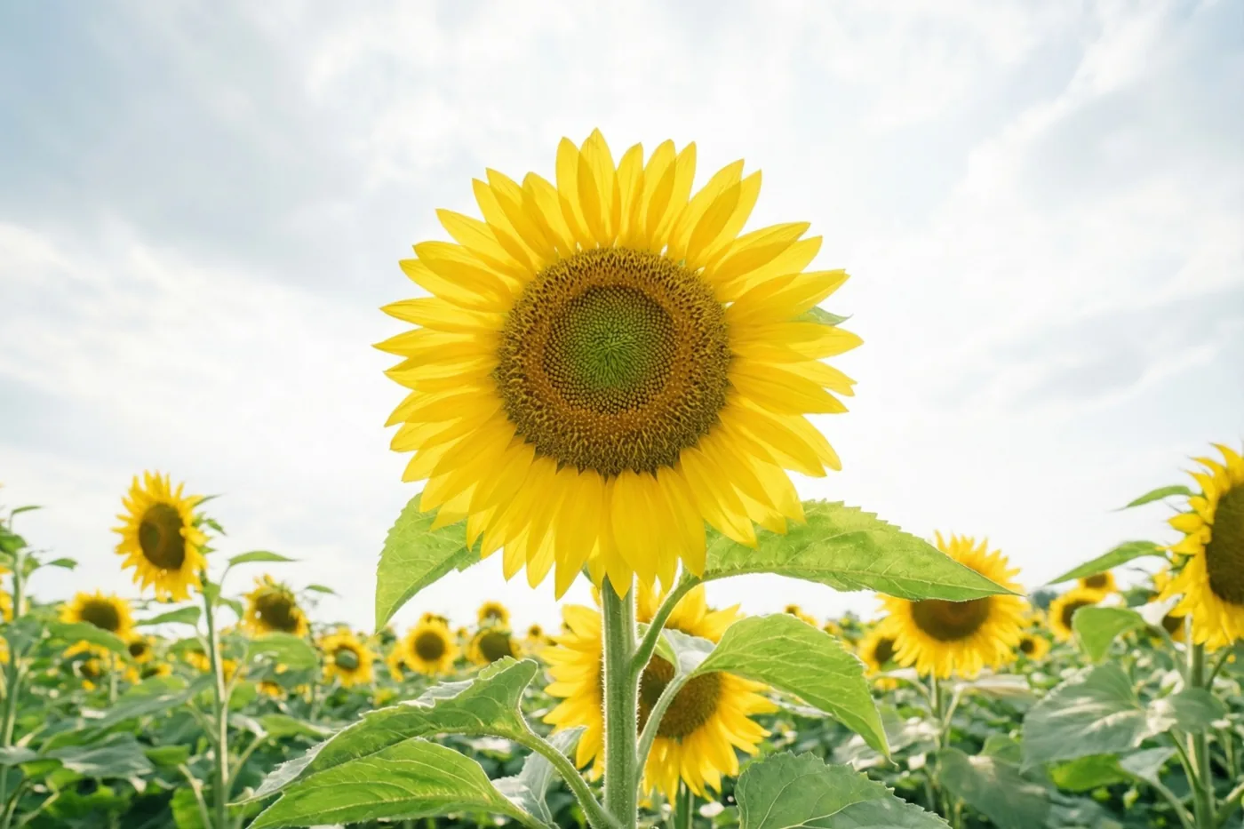 Een hoge zonnebloem met felgele bloemblaadjes en groene bladeren staat in een veld onder een heldere, gedeeltelijk bewolkte hemel.