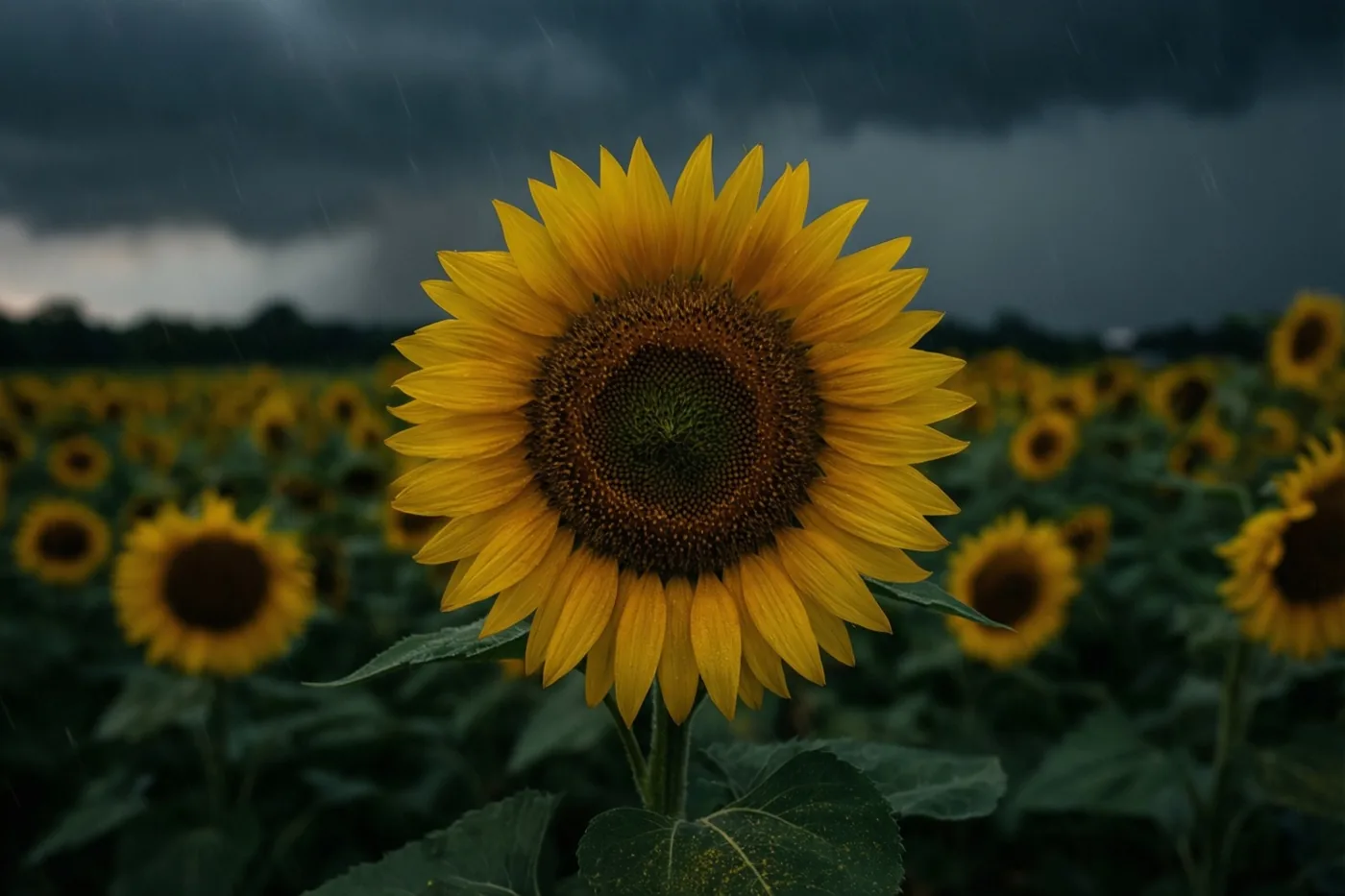 Een zonnebloem met felgele blaadjes en diepgroene bladeren staat vooraan in een veld, met wazige zonnebloemen erachter onder een donkergrijze stormlucht.