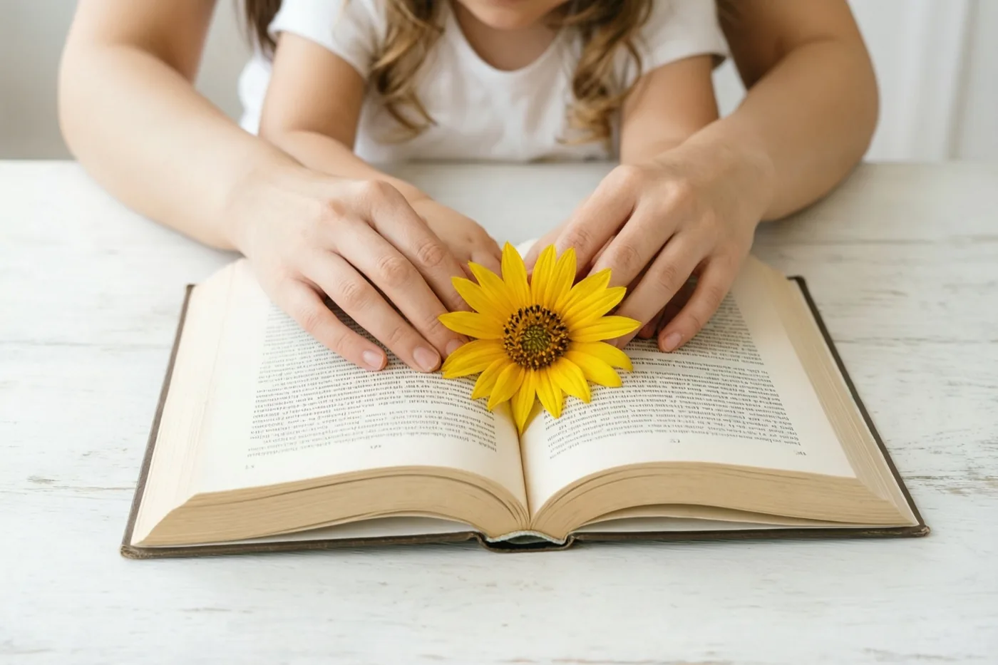 Handen rusten op een open boek met een felgele zonnebloem tussen de bladzijden, op een wit houten oppervlak in zacht daglicht.