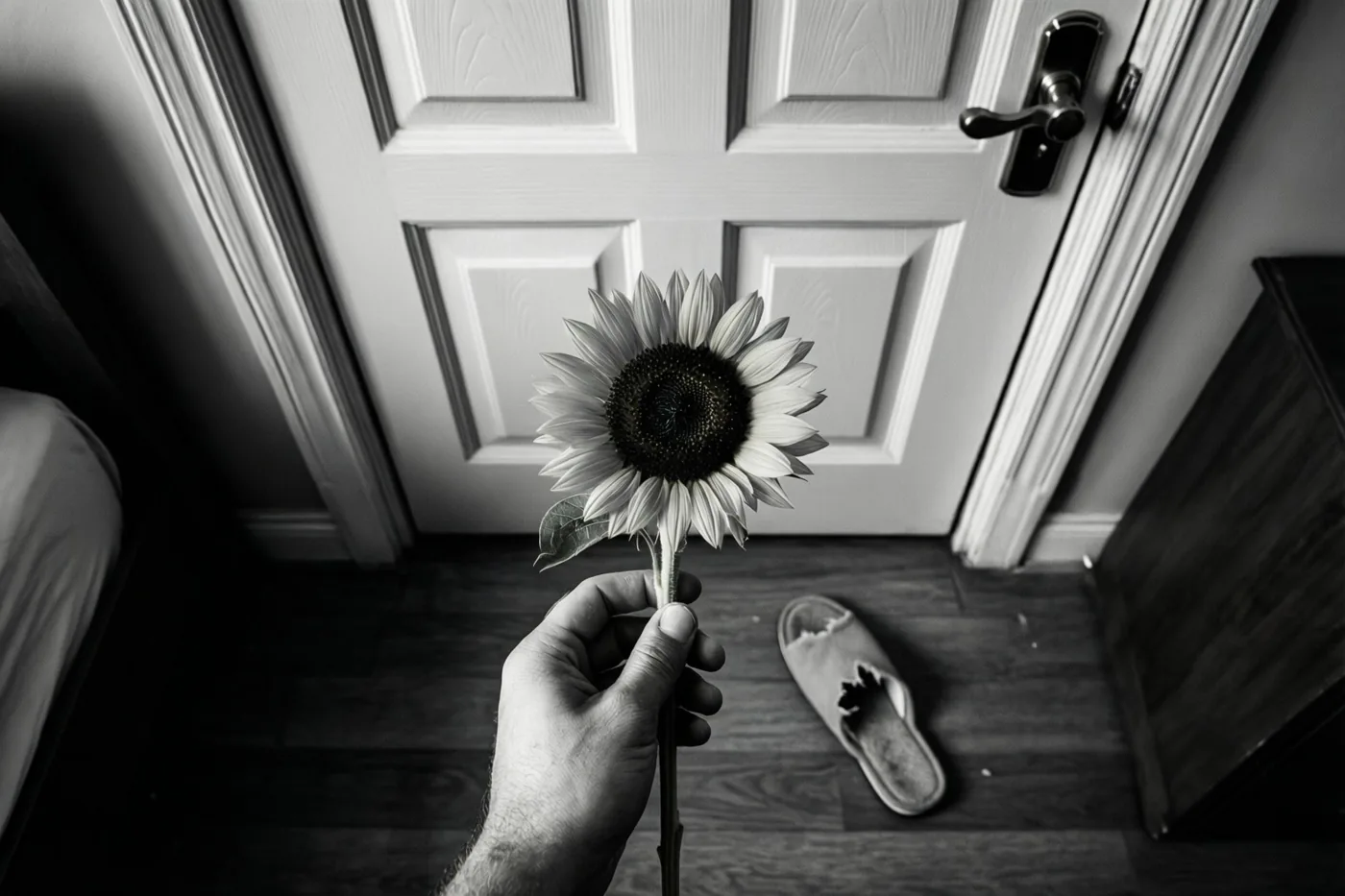 Op een zwart-witfoto houdt een hand één zonnebloem voor een gesloten slaapkamerdeur, met een kapotgekauwde pantoffel op de houten vloer ernaast.