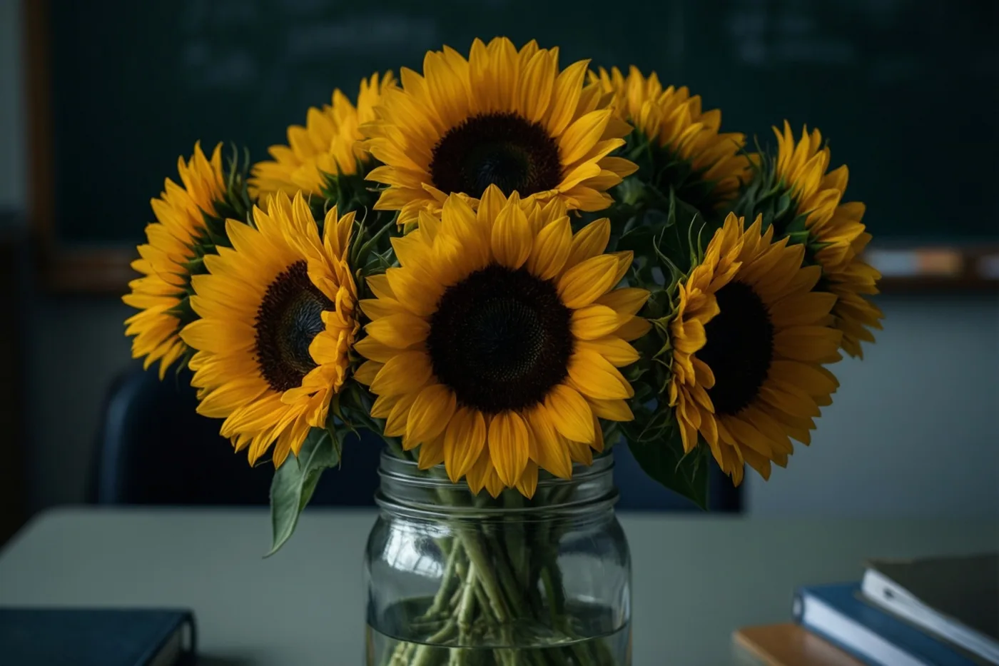 Een boeket zonnebloemen staat in een doorzichtige glazen pot op een leerkrachtenbureau, met boeken ernaast en een donker schoolbord erachter.