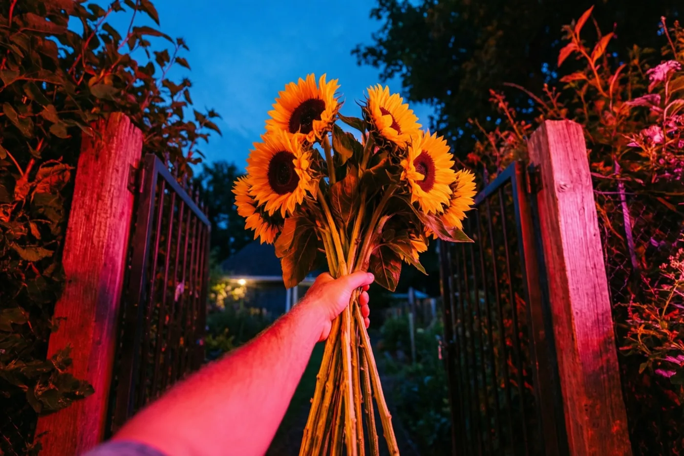 Een arm houdt een boeket zonnebloemen boven een houten tuinhek bij schemering, in rood en oranje licht onder een diepblauwe hemel.