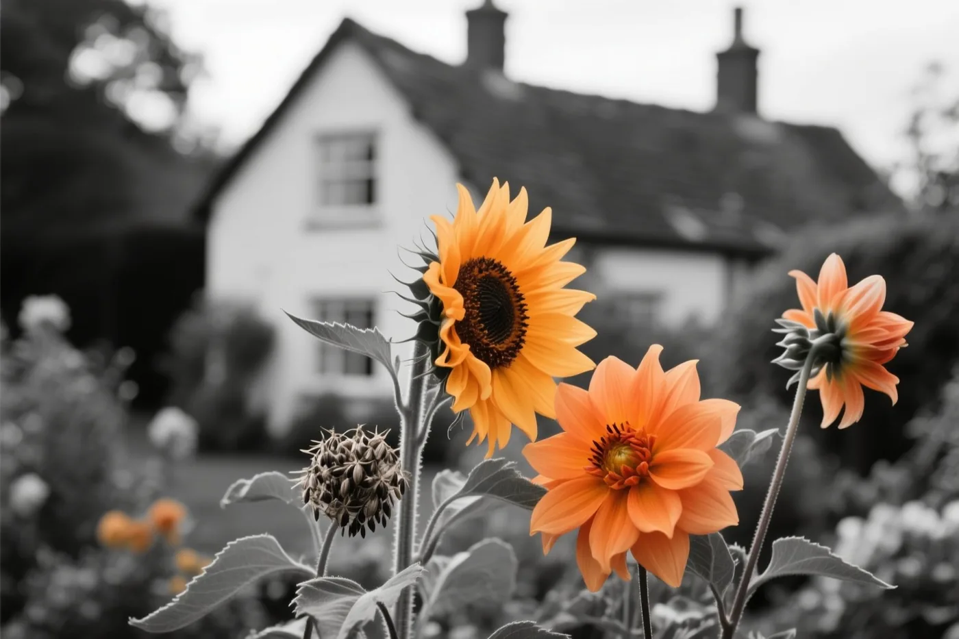 Zonnebloemen, waarvan sommige zaad vormen, en oranje dahlia's staan in een landelijke tuin met een onscherp huisje op de achtergrond.