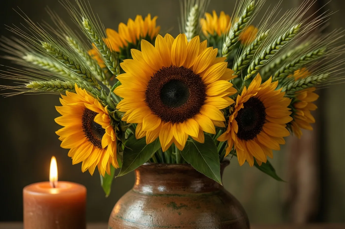 Een landelijke vaas met zonnebloemen en groene tarwehalmen staat naast een brandende oranje kaars op een donkere ondergrond in warm licht.