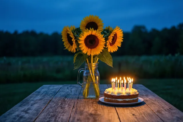 Een taart met brandende kaarsjes staat naast een glazen kan met zonnebloemen op een rustieke houten tafel buiten, tegen een donkerblauwe schemerhemel en onscherp groen.